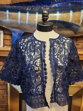 Navy Blue Crochet Lace Open Front Cropped  Cardigan Sheer Lightweight Size Large